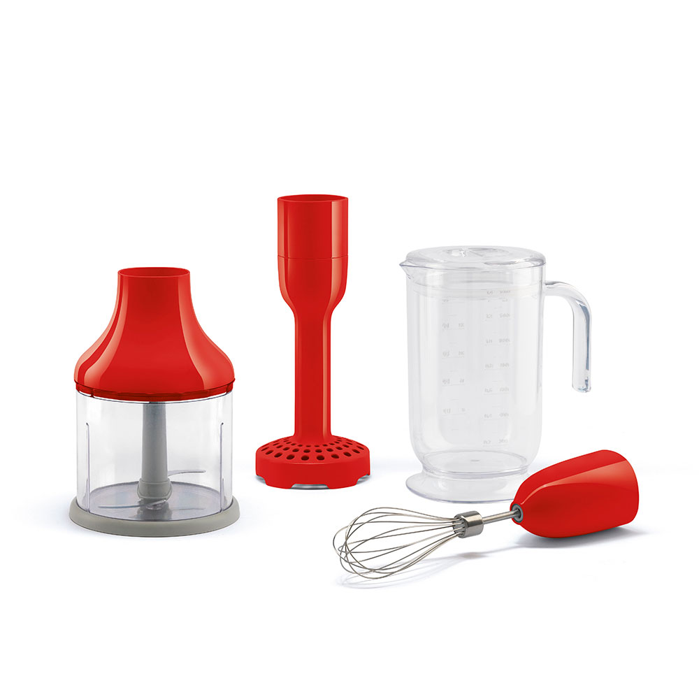 SMEG Mixerset Röd med 4 tillbehör - bägare, hackare, visp, mosare Till: Stavmixer
