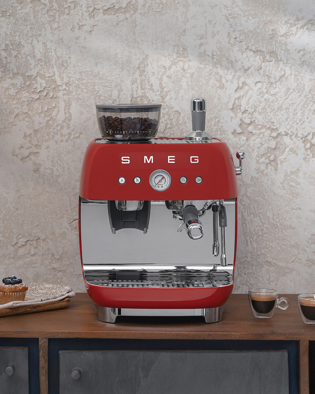 SMEG Manuell espressomaskin med kaffekvarn Röd, Högblank - 50's Style