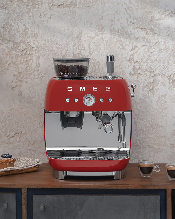 SMEG Manuell espressomaskin med kaffekvarn Röd, Högblank - 50's Style